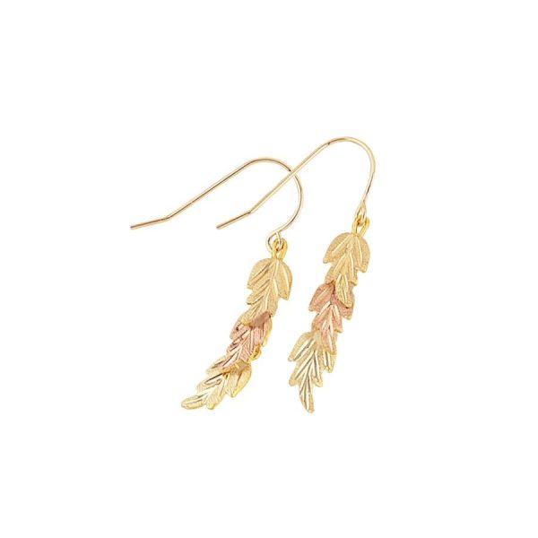 Mt Rushmore Black Hills Gold Feathered Leaves Shepherd Hook Earrings - G 3140