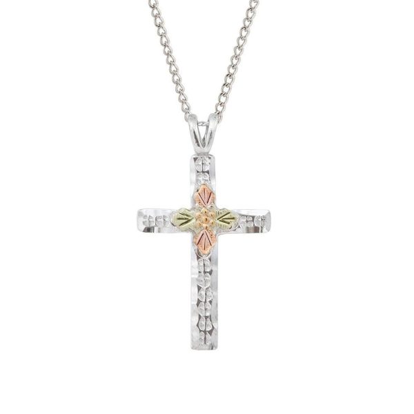 Mt Rushmore Black Hills Gold on Silver Etched Cross Pendant - MR273
